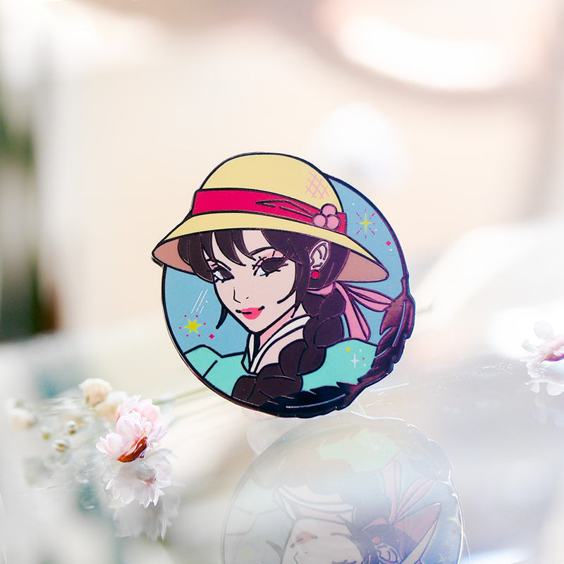 Hat Maker in Green Graphic Style Ghibli Girls Enamel Pin